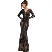 Women's Goddiva Maxi dress, black with multicolored sequins, V-neck, long sleeves, fitted silhouette.