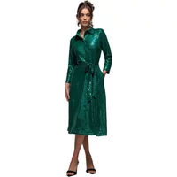 Green sequined skater shirt dress by Goddiva, long sleeves, collared, with waist tie and knee-length hem.