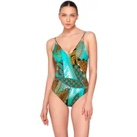 Women's shaped triangle one-piece swimsuit with teal and brown geometric pattern by Luna Jade.