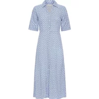 Blue patterned women's shirt dress with short sleeves, collar, and button-down front by b.young.
