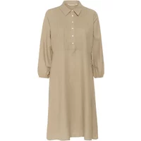 Beige shirt dress with long sleeves, buttoned front, and classic collar by CULTURE Lopi Azemina.