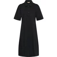 Black women's shirt dress with short sleeves, button-up front, and classic collar.