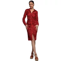Red floral Goddiva shirt dress with long sleeves, ruched front, and knee-length hem.