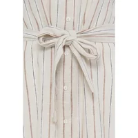 Striped beige shirt dress by Ichi Linno 3 with button front and waist tie.