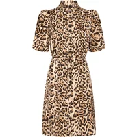Leopard print women's shirt dress by Ichi with short sleeves and a belted waist.
