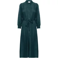 Dark green women's shirt dress KAFFE Ellen with long sleeves, button front, and waist tie.