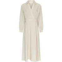 Cream-colored women's shirt dress by Moss Copenhagen with long sleeves and a collared V-neck.
