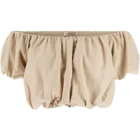 Beige off-shoulder Guess Ryan blouse with puffed short sleeves and gathered hem.