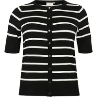 Black and white striped short sleeve cardigan with round neckline and button front closure.