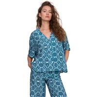Blue short sleeve shirt with white geometric print, V-neck, and relaxed fit by 24 Colours.