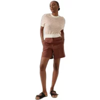 Beige and white striped short sleeve sweater by Artlove, paired with brown shorts and black sandals.