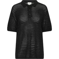 Black short sleeve sweater by Ichi, featuring a crochet knit pattern, button-up collar, and relaxed fit.