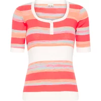 Striped women's short sleeve sweater by Ichi IHClaras, featuring pink, orange, and white horizontal stripes.