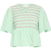 Green striped short-sleeved blouse with red stitching and a V-neck by Ichi.