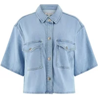 Light blue denim short-sleeved shirt with button front, two chest pockets, and collar by Guess Eriana.
