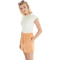 Peach women's shorts by 24 Colours, high-waisted with elastic waistband and side pockets.