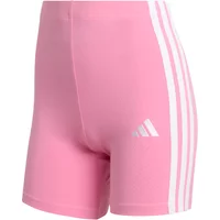 Pink Adidas women's shorts with white triple stripes on sides and small Adidas logo on left thigh.