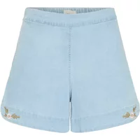 Light blue women's shorts by Atelier Rêve with floral embroidery on cuffs and a tailored waistband.