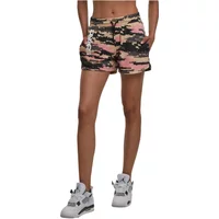 Women's camo shorts by Dangerous DNGRS, pink and black pattern, elastic waistband, side pockets.
