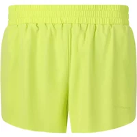 Bright yellow women's shorts with elastic waistband and subtle logo on the side.