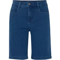 Blue denim women's shorts with front button, belt loops, and two front pockets.