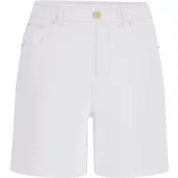 White women's Guess shorts, super relaxed fit, with front pockets, belt loops, and gold button closure.