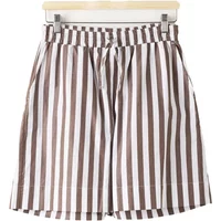 Brown and white striped women's shorts with elastic waistband and tie front.