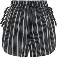 Black and white striped women's shorts by Ichi, featuring an elastic waistband and side tie details.