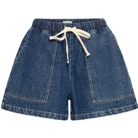 Blue denim women's shorts by Ichi with elastic waistband, white drawstring, and front pockets.