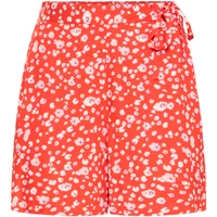 Red floral Ichi IHMARRAKECH women's shorts with white flower pattern and side tie detail.