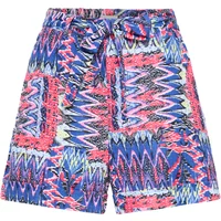 Colorful women's shorts by Ichi Misa with abstract zigzag pattern in blue, pink, and black, featuring a tied waist.