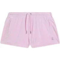 Pink Juicy Couture women's shorts with drawstring waist, side pockets, and small logo on the lower left.