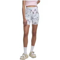 Women's Just Rhyse shorts with pastel watercolor print, high-waisted, knee-length, paired with a pink crop top.