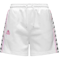 White Kappa Banda Ivissa 222 women's shorts with pink logo, black side stripes, and elastic waistband.