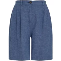 Blue women's shorts by Moss Copenhagen, high-waisted with pleats and a button closure.