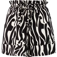Black and white zebra-print women's shorts with a ruffled elastic waistband and drawstring tie.