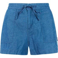 Blue denim-style women's shorts with drawstring waist and front pockets.