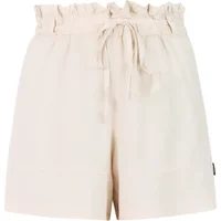 Beige women's shorts by Protest Gena with a ruffled waistband and drawstring tie.