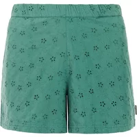 Green women's shorts by Protest Roar with floral eyelet pattern and elastic waistband.