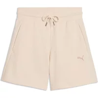 Beige Puma women's high-waist shorts with drawstring and side pockets, featuring a small Puma logo on the left leg.