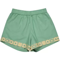 Green Quiksilver women's shorts with elastic waistband and yellow floral trim at the hem.