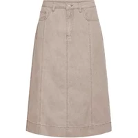 Beige women's skirt by b.Young, knee-length with front button, pockets, and seam detailing.