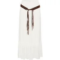 Cream CRAllie women's skirt with brown braided belt, long flowy design, and ruffled hem.