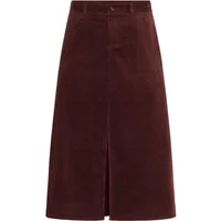 Brown CULTURE CUKlay women's skirt, knee-length, with front slit and button closure.