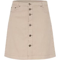 Beige A-line skirt with front button closure, belt loops, and side pockets.