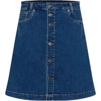 Blue denim A-line skirt with front button closure and side pockets.