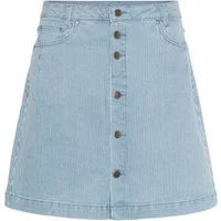 Light blue denim skirt with front button closure, A-line cut, and two front pockets.