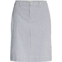 Women's fransa Ena 3 skirt, knee-length, white with thin vertical blue stripes, button closure, belt loops.