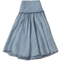 Light blue denim women's skirt by Guess with high waist and flared A-line design.