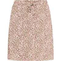 Women's Ichi IHAya skirt, beige with pink and brown floral pattern, elastic waistband, knee-length.